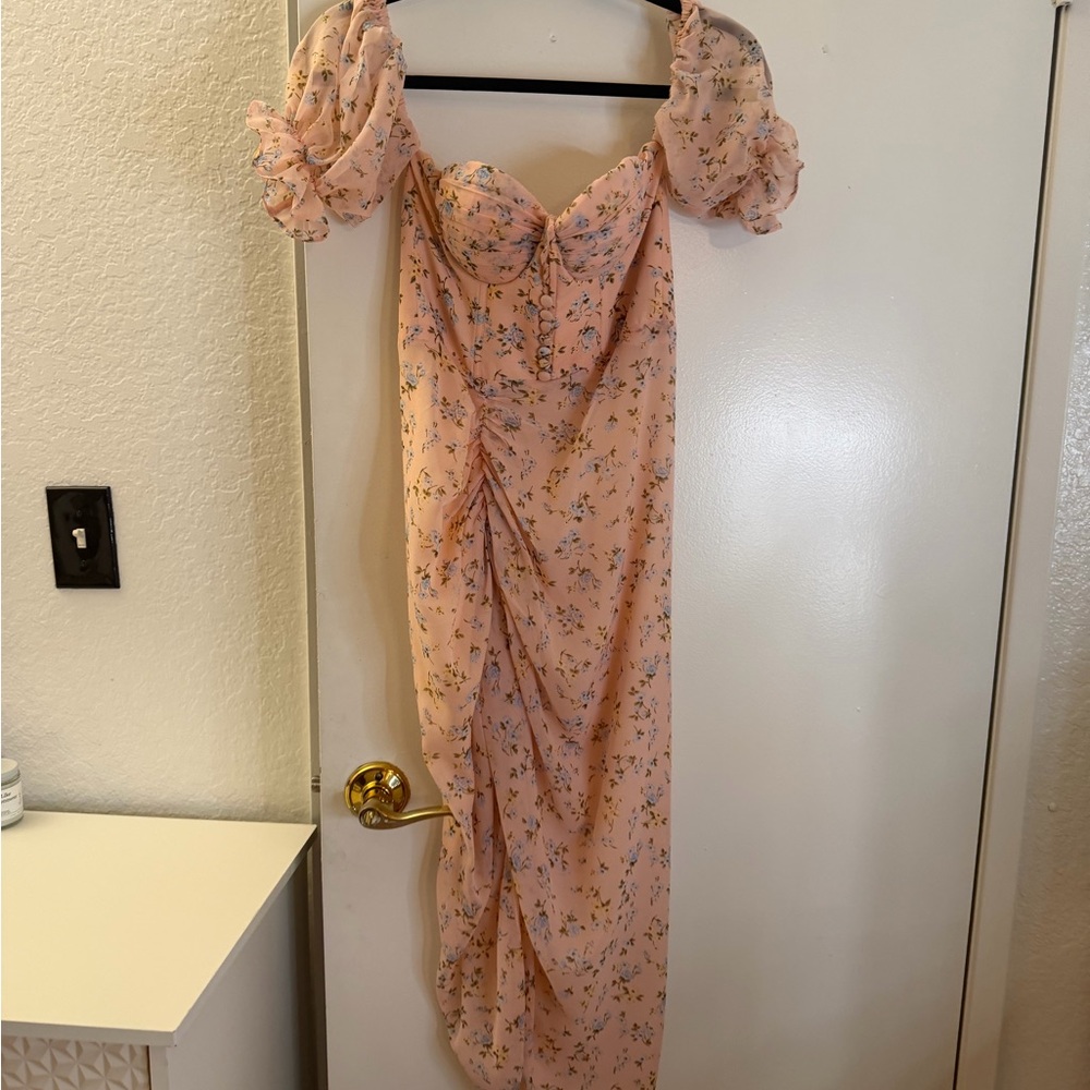 Pink Floral Midi Dress with Puff Sleeves